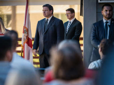 Florida Gov. Ron DeSantis holds a press conference at Anna Maria Oyster Bar Landside in Bradenton, Florida.