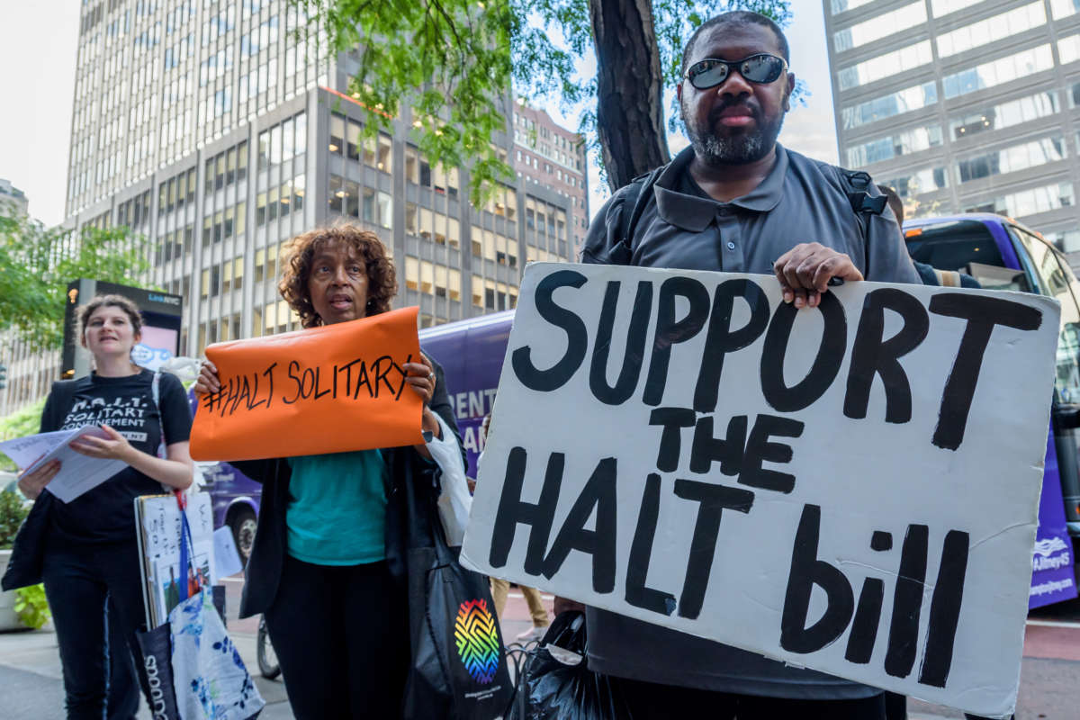 Survivors of solitary confinement, New York State legislators, family members of people in solitary, and other advocates rally outside Governor Andrew Cuomo's office in Manhattan on October 2, 2019, to call for the passage of the Humane Alternatives to Long-Term (HALT) Solitary Confinement Act.
