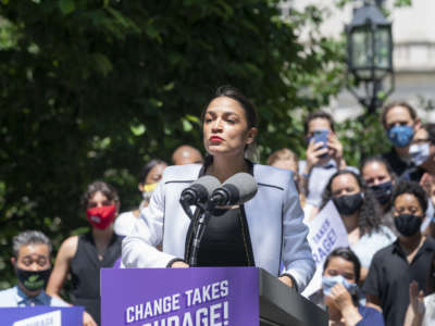 Rep. Alexandria Ocasio-Cortez speaks at a rally where she endorsed progressive candidates in elections for city-wide offices in City Hall Park, New York City, on June 5, 2021.