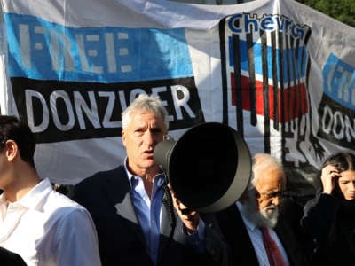 Steven Donziger appears at a rally in front of the Manhattan Court House in New York City on October 1, 2021.