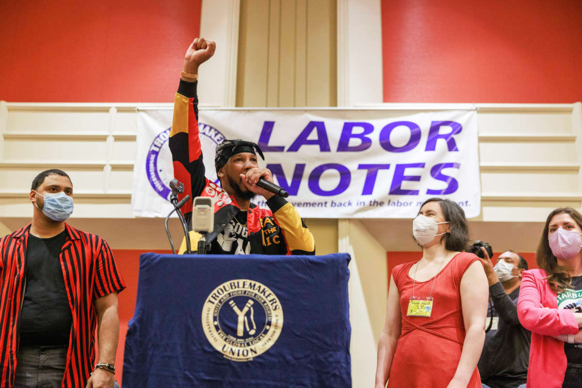 Chris Smalls, president of Amazon Labor Union, speaks during the Labor Notes conference, in Chicago, Illinois, on June 17, 2022.