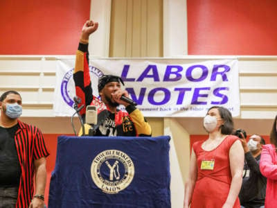 Chris Smalls, president of Amazon Labor Union, speaks during the Labor Notes conference, in Chicago, Illinois, on June 17, 2022.