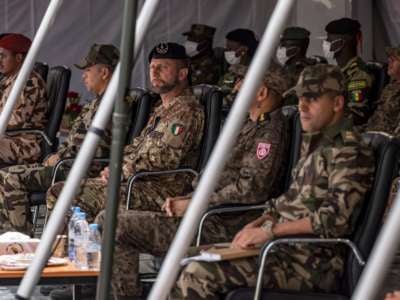 Military representatives attend the opening ceremony of the "African Lion 2022," Africa Command's (AFRICOM) largest annual exercise in Agadir, Morocco, on June 20, 2022.