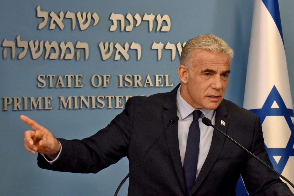 Israeli Prime Minister Yair Lapid speaks at a security briefing about Iran for the foreign press at the Prime Minister's office in Jerusalem on August 24, 2022.