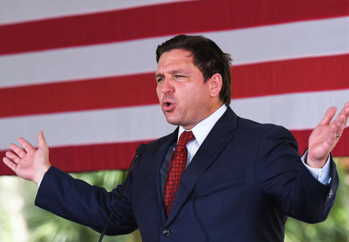 Florida Gov. Ron DeSantis speaks to supporters at a campaign stop on the Keep Florida Free Tour at the Horsepower Ranch in Geneva, Florida, on August 24, 2022.