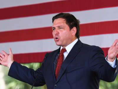 Florida Gov. Ron DeSantis speaks to supporters at a campaign stop on the Keep Florida Free Tour at the Horsepower Ranch in Geneva, Florida, on August 24, 2022.
