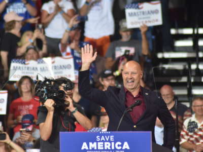 GOP gubernatorial candidate and Pennsylvania Senator Doug Mastriano delivers remarks at a "Save America" rally in Wilkes-Barre, Pennsylvania, on September 3, 2022.