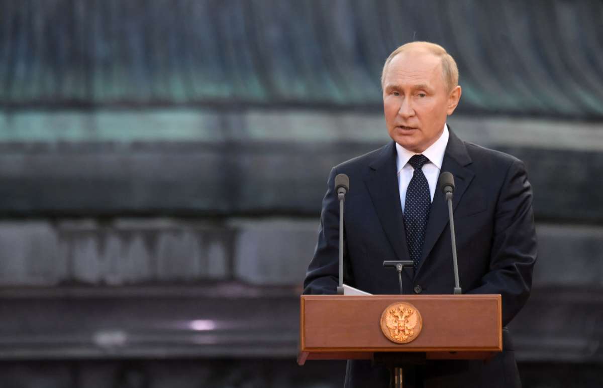 Russian President Vladimir Putin gives a speech during an event to mark the 1160th anniversary of Russia's statehood in Veliky Novgorod, Russia, on September 21, 2022.