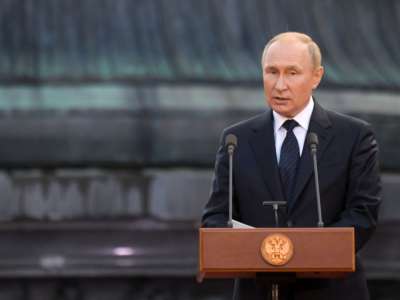 Russian President Vladimir Putin gives a speech during an event to mark the 1160th anniversary of Russia's statehood in Veliky Novgorod, Russia, on September 21, 2022.