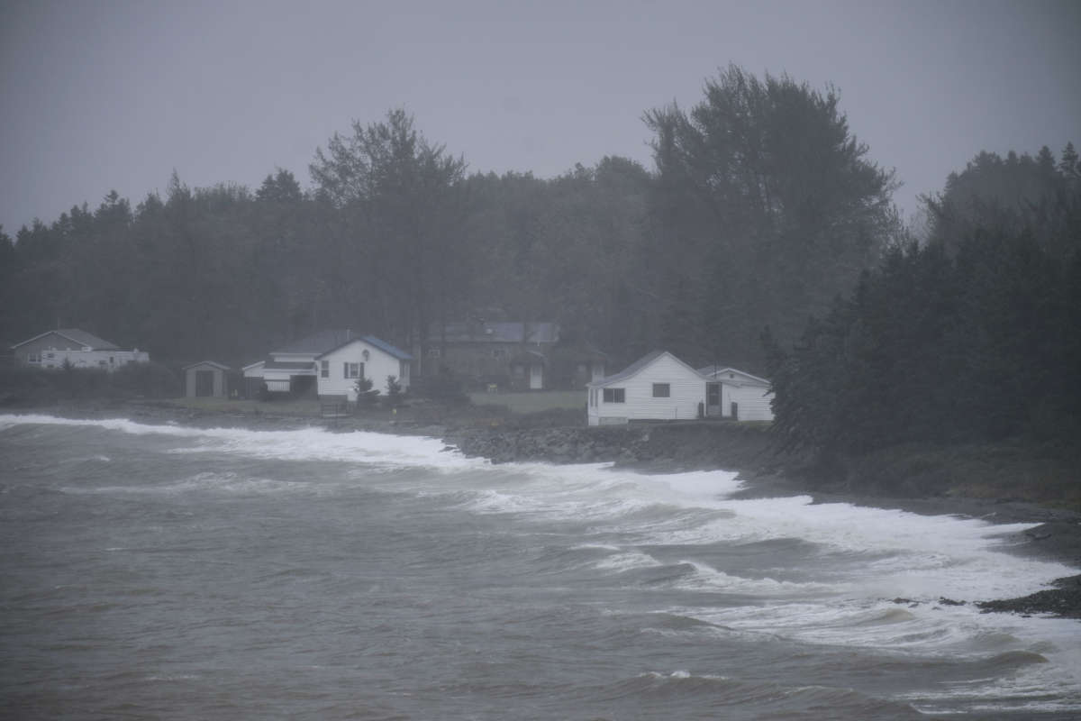 Windand rain from Post-Tropical Storm Fiona hit the shoreline of Bras d'Or Lake on September 24, 2022, in Nova Scotia, Canada.