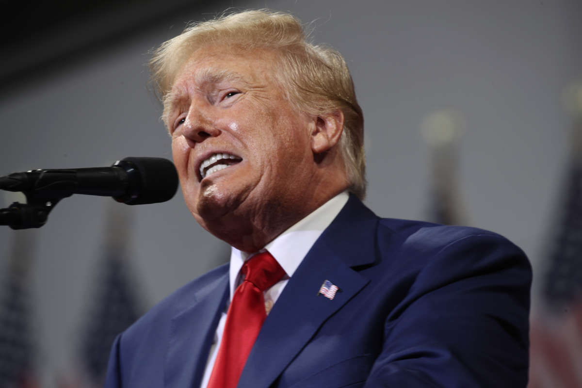 Former president Donald Trump speaks to supporters at a rally to support local candidates at the Mohegan Sun Arena on September 3, 2022, in Wilkes-Barre, Pennsylvania.