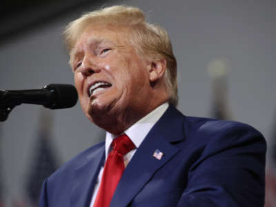 Former president Donald Trump speaks to supporters at a rally to support local candidates at the Mohegan Sun Arena on September 3, 2022, in Wilkes-Barre, Pennsylvania.