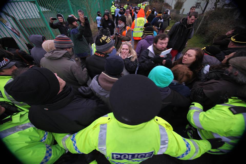 The Greater Manchester Police engage in “heavy-handed policing” at the fracking site in Salford.