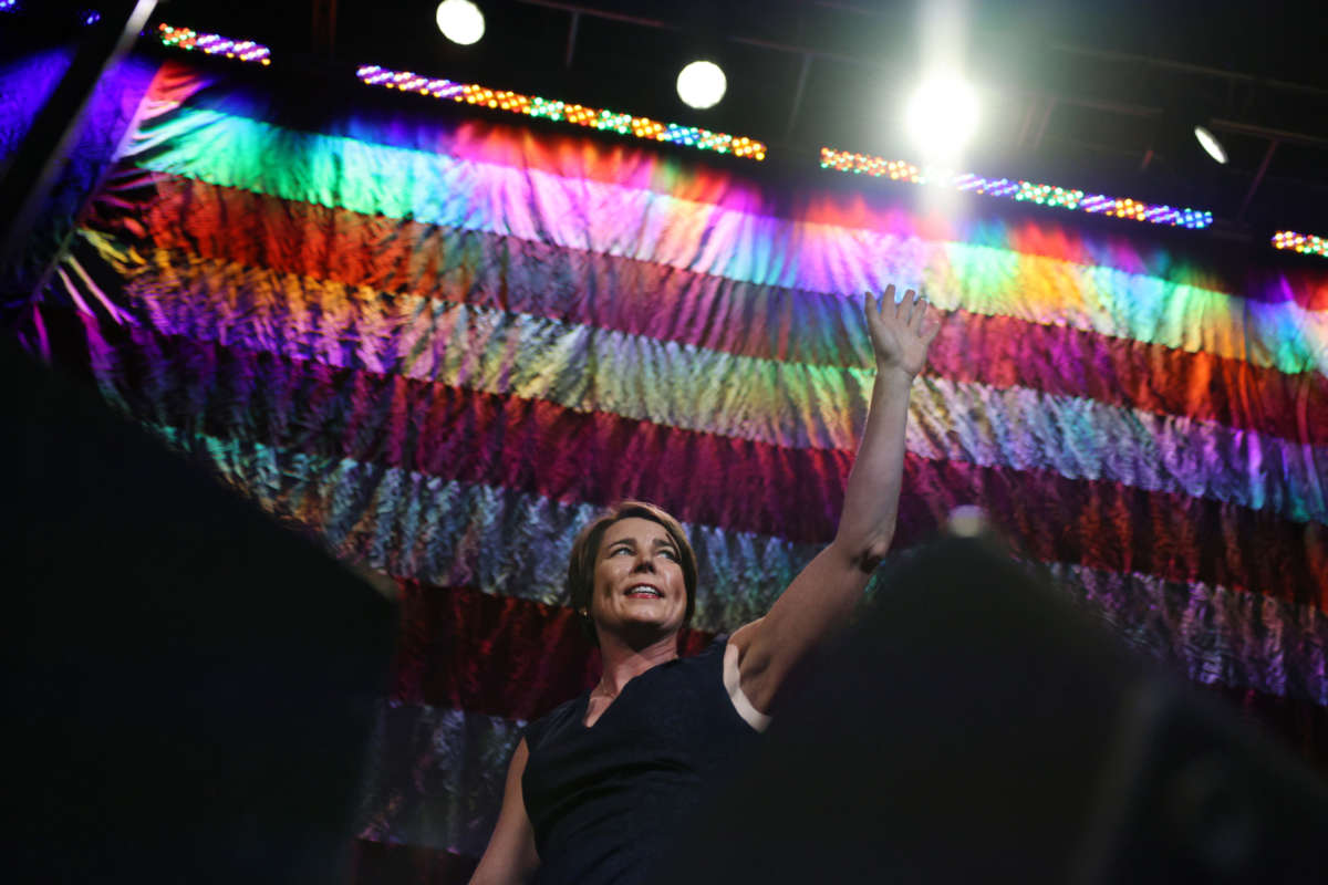 Candidate for Governor Maura Healey waves after addressing delegates during the State Democratic Party convention in Worcester, MA on June 04, 2022.