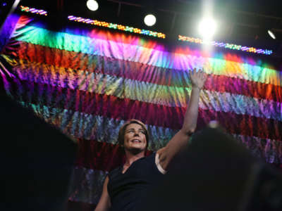 Candidate for Governor Maura Healey waves after addressing delegates during the State Democratic Party convention in Worcester, MA on June 04, 2022.