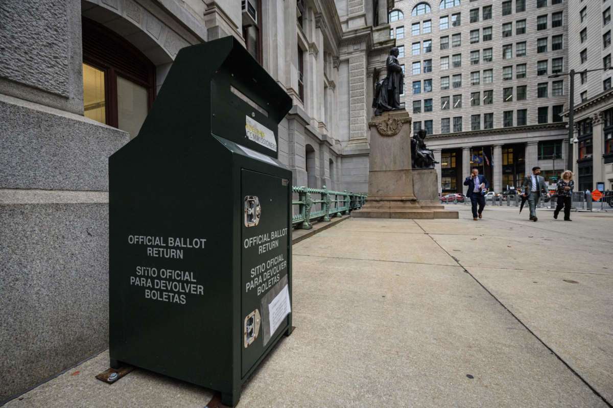 A mail ballot drop box is displayed outside Philadelphia city hall on October 24, 2022. Philadelphia's 18 secure mail ballot drop boxes, positioned around the city, are monitored by security cameras and equipped with fire extinguishing systems to protect against tampering.