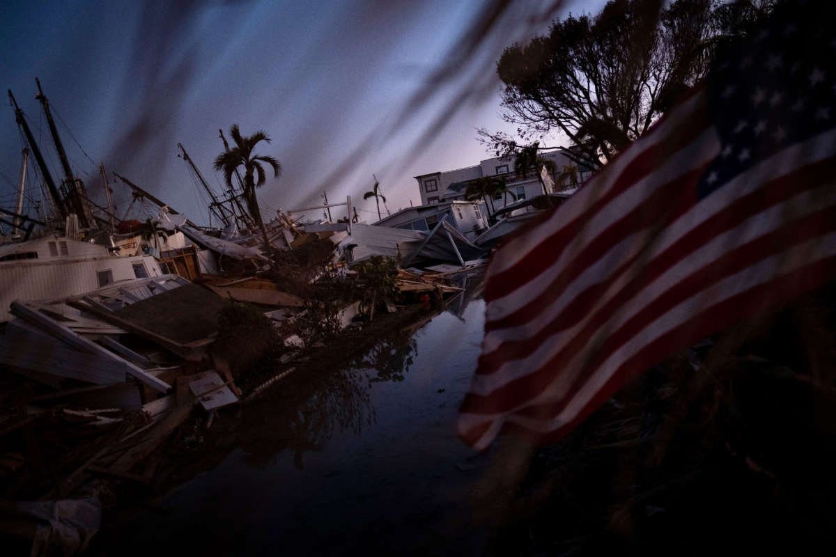 Destroyed trailer homes are seen in the aftermath of Hurricane Ian in Fort Myers Beach, Florida, on October 2, 2022.