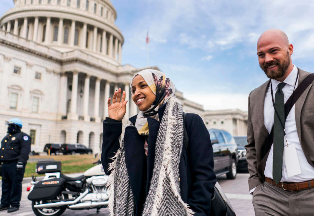 Rep. Ilhan Omar walks with staff after the Member-Elect class photo on the Capitol Hill in Washington, D.C. on November 14, 2018.