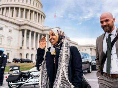 Rep. Ilhan Omar walks with staff after the Member-Elect class photo on the Capitol Hill in Washington, D.C. on November 14, 2018.