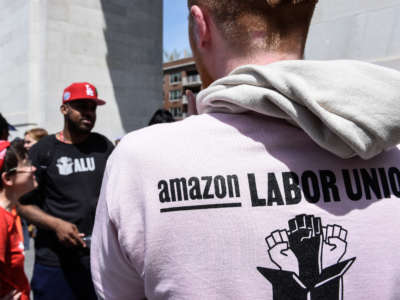 Amazon workers participate in a May Day rally in Manhattan on May 1, 2022, in New York City.