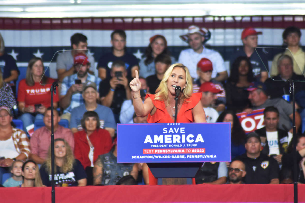 Rep. Marjorie Taylor Greene delivers remarks at a Save America rally at Mohegan Sun Arena at Casey Plaza in Wilkes-Barre Township, Pennsylvania, on September 3, 2022.