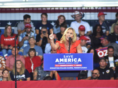 Rep. Marjorie Taylor Greene delivers remarks at a Save America rally at Mohegan Sun Arena at Casey Plaza in Wilkes-Barre Township, Pennsylvania, on September 3, 2022.