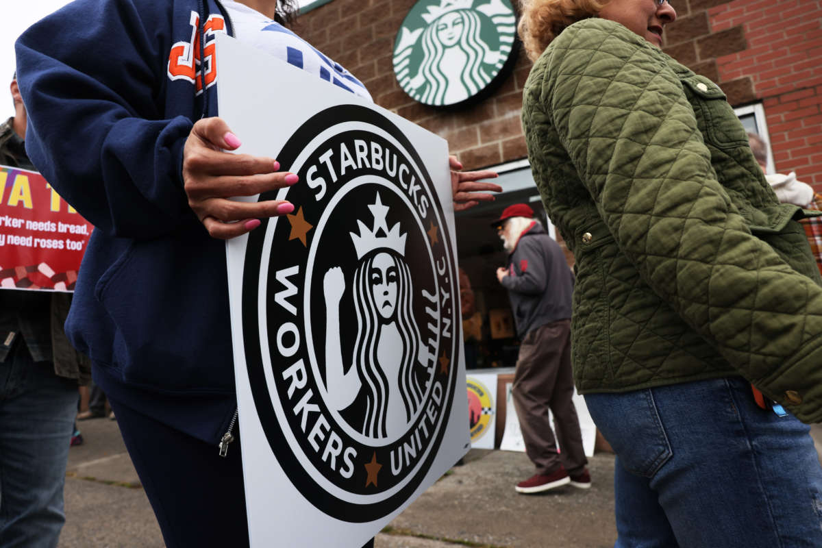 Starbucks workers hold a rally on October 5, 2022, in New York City.