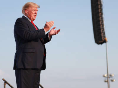 Former President Donald Trump gives remarks during a rally at the Adams County Fairgrounds on June 25, 2022, in Mendon, Illinois.