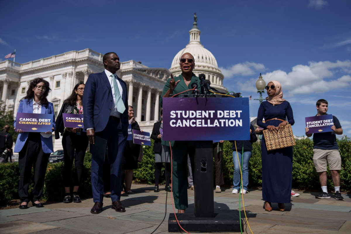 Rep. Ayanna Pressley speaks during a news conference to discuss student debt cancellation on September 29, 2022 in Washington, D.C.