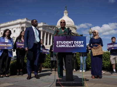 Rep. Ayanna Pressley speaks during a news conference to discuss student debt cancellation on September 29, 2022 in Washington, D.C.