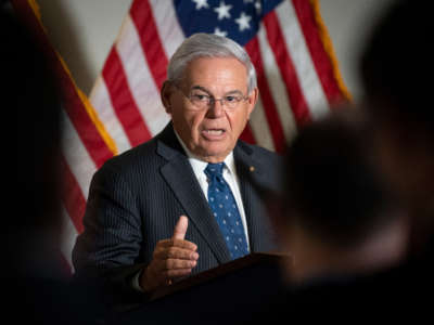 Sen. Bob Menendez speaks during a news conference following the Senate Democratic Policy Luncheon in Washington on May 18, 2021.