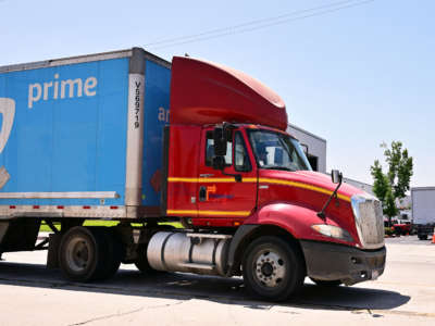 An Amazon Prime truck driver is seen in Los Angeles, California, on July 12, 2022.