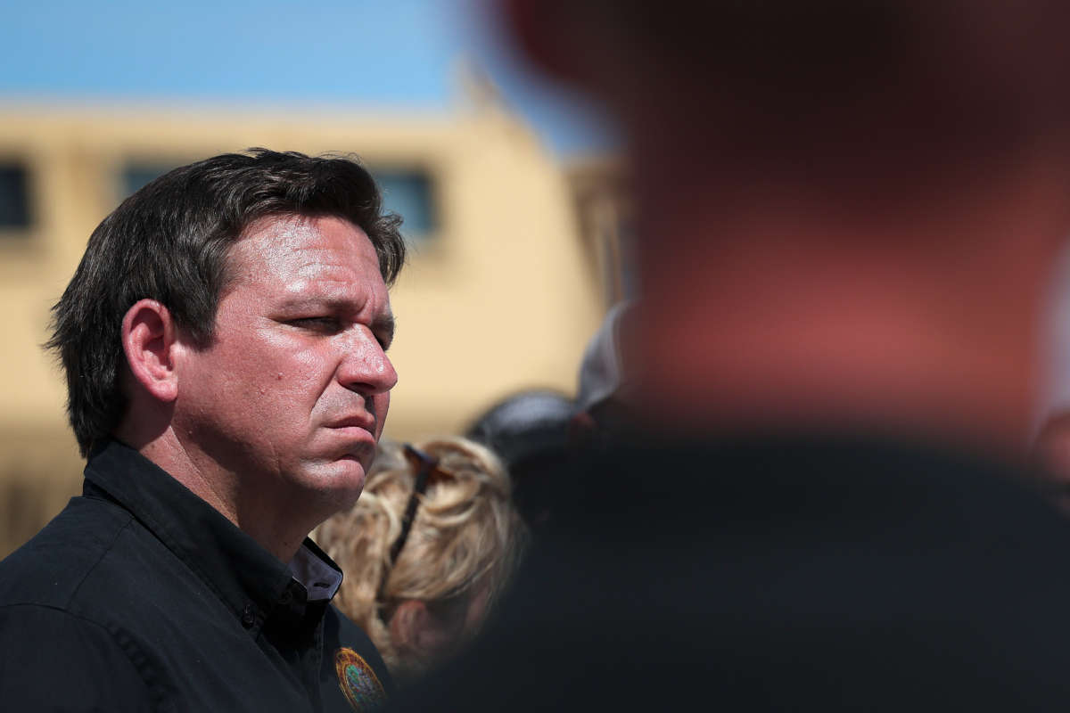 Florida Gov. Ron DeSantis speaks during a press conference on the island of Matlacha on October 5, 2022, in Matlacha, Florida.