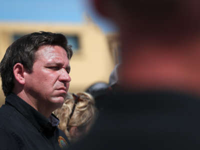 Florida Gov. Ron DeSantis speaks during a press conference on the island of Matlacha on October 5, 2022, in Matlacha, Florida.