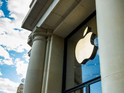 The consumer technology company Apple logo is seen at the entrance of an Apple store in Barcelona, Spain, on September 30, 2022.