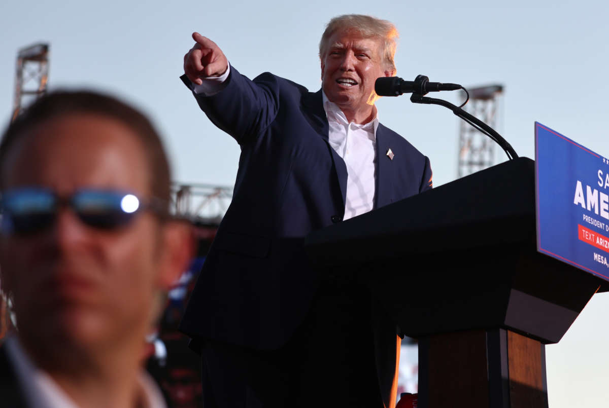 President Donald Trump speaks at a campaign rally at Legacy Sports USA on October 9, 2022, in Mesa, Arizona.