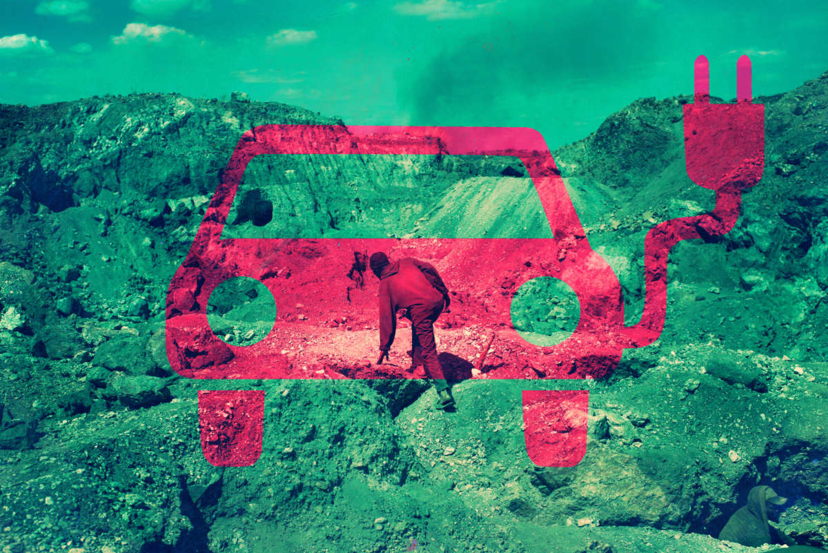 An electric car charging logo in red and green is overlaid on a photo of a creuseur, or digger, climbs through a copper and cobalt mine in Kawama, Democratic Republic of Congo, on June 8, 2016.
