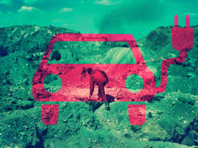 An electric car charging logo in red and green is overlaid on a photo of a creuseur, or digger, climbs through a copper and cobalt mine in Kawama, Democratic Republic of Congo, on June 8, 2016.