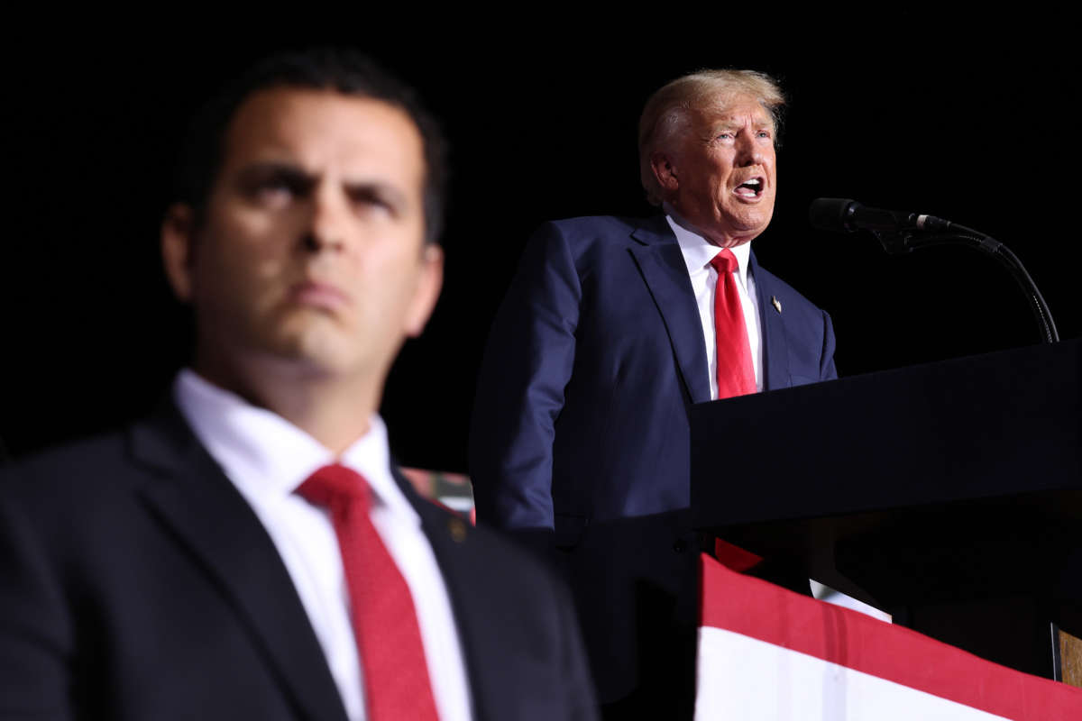 Former President Donald Trump speaks during a campaign rally at Minden-Tahoe Airport on October 8, 2022, in Minden, Nevada.