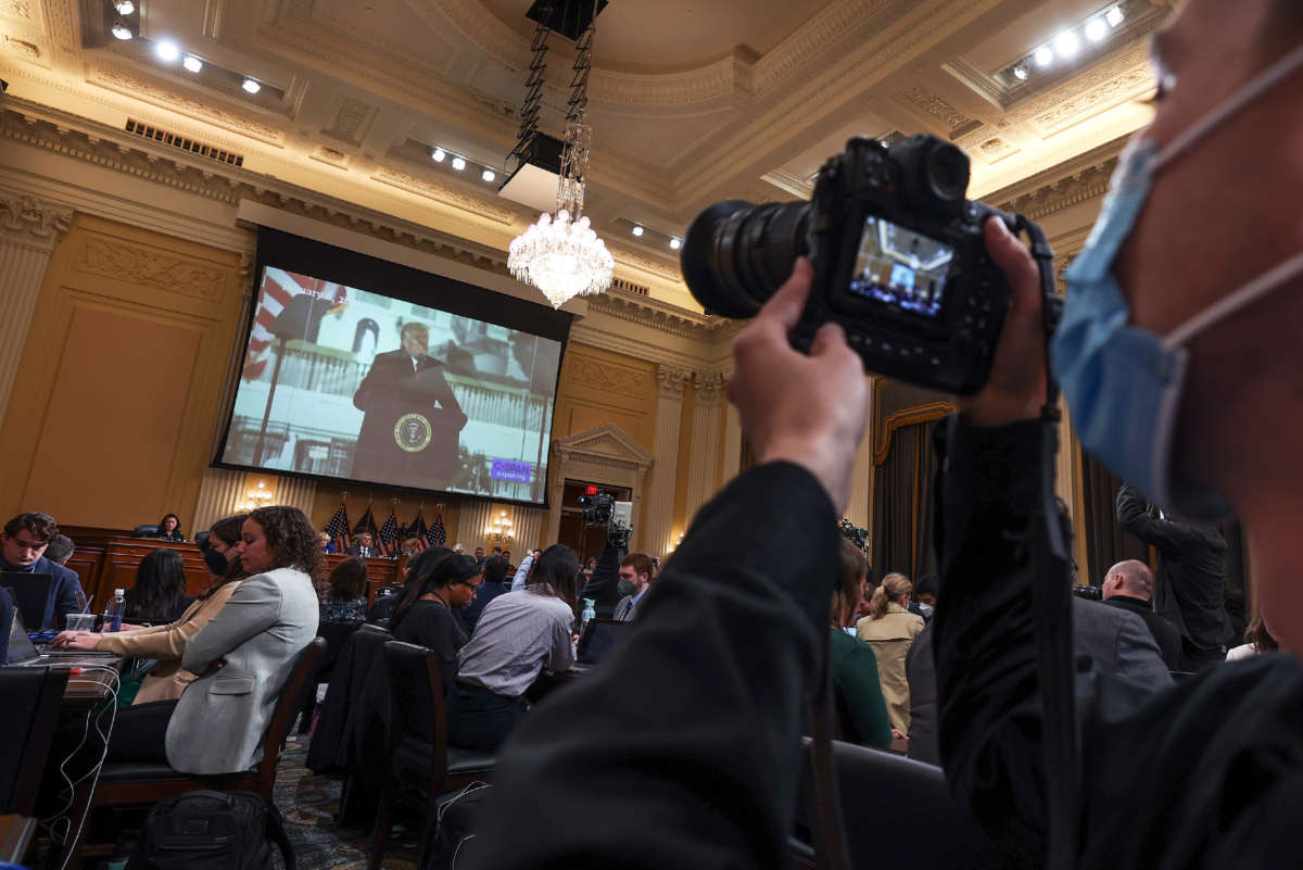 A video of former President Donald Trump is played during a hearing by the House Select Committee to Investigate the January 6th Attack on the U.S. Capitol in the Cannon House Office Building on October 13, 2022, in Washington, D.C.