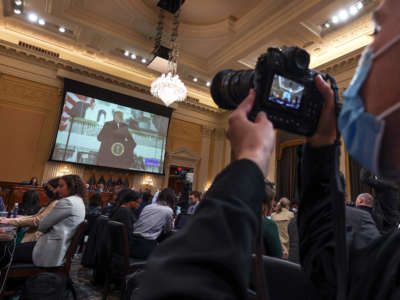 A video of former President Donald Trump is played during a hearing by the House Select Committee to Investigate the January 6th Attack on the U.S. Capitol in the Cannon House Office Building on October 13, 2022, in Washington, D.C.