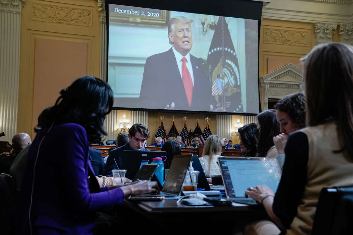 Then-President Donald Trump is seen on the screen as the House select committee investigating the January 6 attack on the U.S. Capitol holds a hearing on Capitol Hill on October 13, 2022, in Washington, D.C.