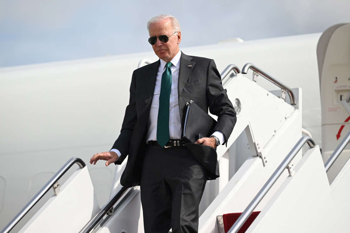 President Joe Biden disembarks Air Force One at Joint Base Andrews in Maryland on October 17, 2022.