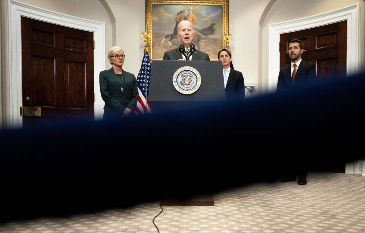 From left, Secretary of Energy Jennifer Granholm, Energy Adviser Amos Hochstein and Director of the National Economic Council Brian Deese look on as President Joe Biden speaks about strengthening energy security and lowering cost in the Roosevelt Room of the White House in Washington, D.C., on October 19, 2022.