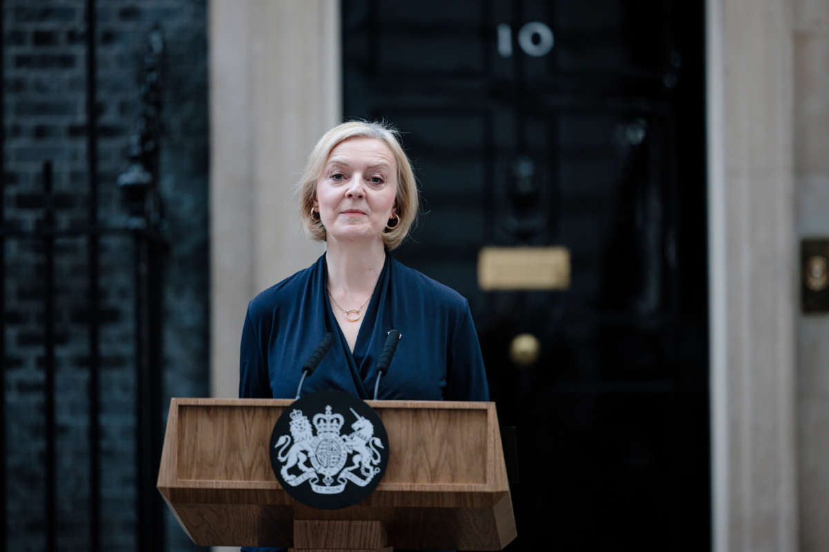Prime Minister Liz Truss delivers her resignation speech at 10 Downing Street on October 20, 2022, in London, England.