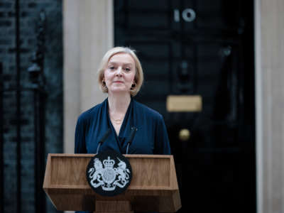 Prime Minister Liz Truss delivers her resignation speech at 10 Downing Street on October 20, 2022, in London, England.