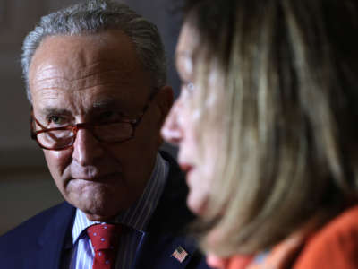 Speaker of the House Rep. Nancy Pelosi speaks to members of the press as Senate Minority Leader Sen. Charles Schumer listens at the U.S. Capitol on August 4, 2020, in Washington, D.C.