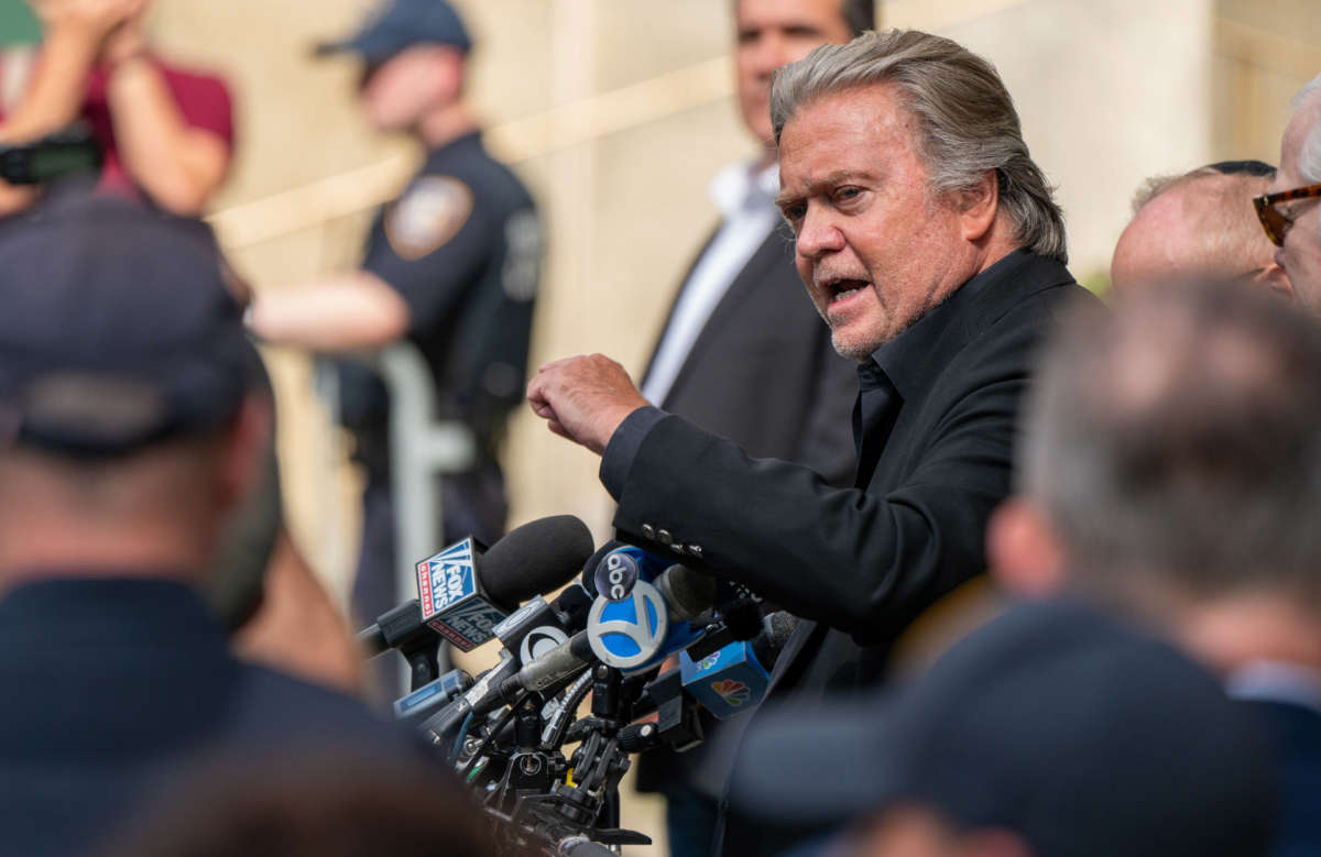 Steve Bannon, former advisor to former President Donald Trump, speaks to members of the media after his arrangement on September 8, 2022, in New York City.