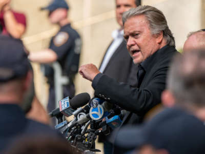 Steve Bannon, former advisor to former President Donald Trump, speaks to members of the media after his arrangement on September 8, 2022, in New York City.