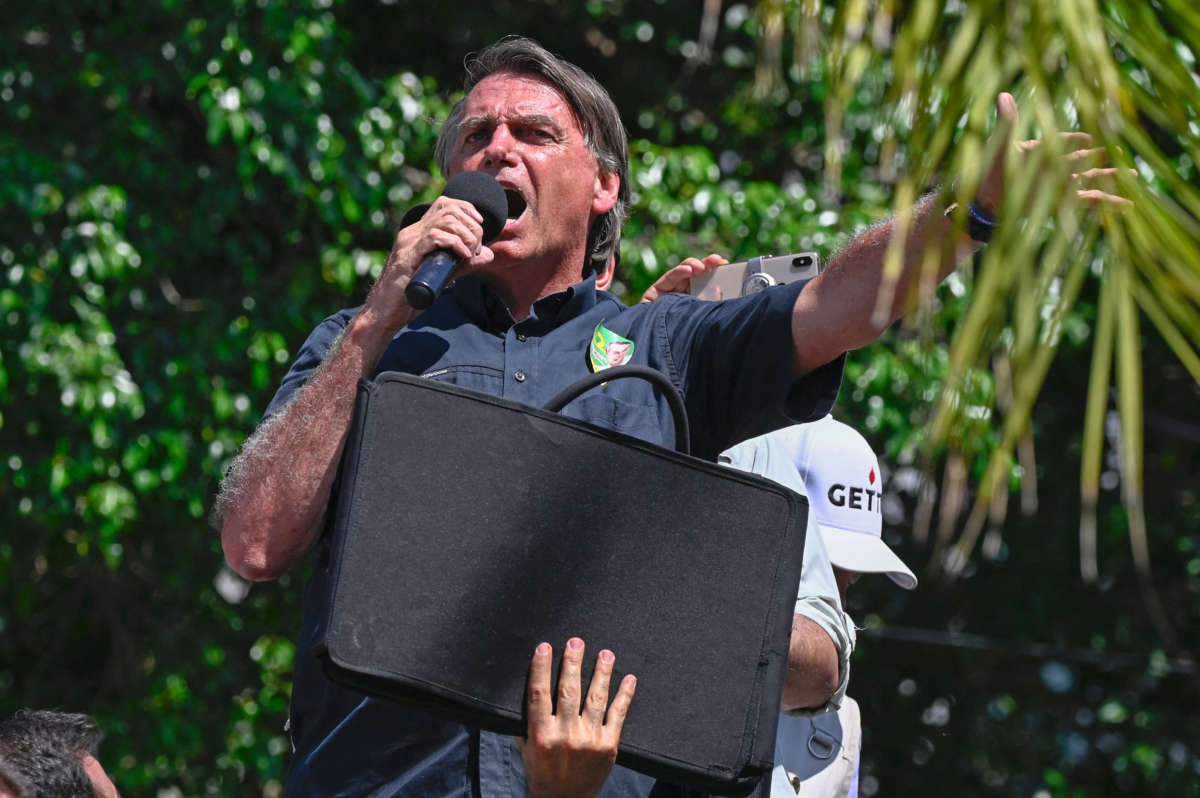 Brazilian president and re-election candidate Jair Bolsonaro speaks to his supporters during a campaign rally in São João de Meriti, Rio de Janeiro, Brazil, on September 27, 2022.